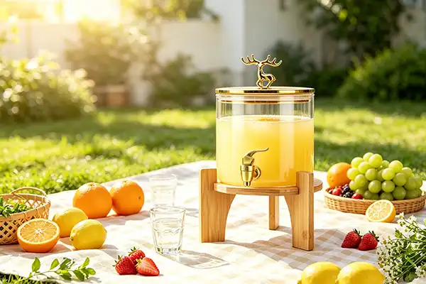 What are the benefits of using a glass juice dispenser with base?